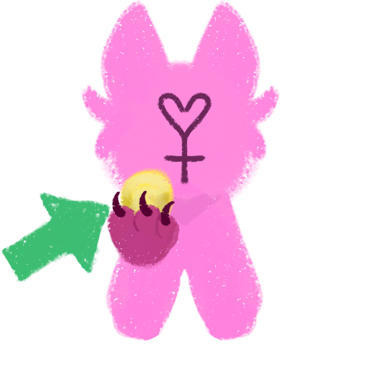 a simplified features a pink, rounded figure with large pointed ears resembling a stylized animal or plush toy. A heart-like symbol with a cross underneath, indicating femininity, is drawn on the face. she's holding up yellow ball in her paw, A green arrow points towards the figure, highlighting its significance. and the illustration has a rough, textured appearance.